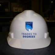 One of our decals on a hard hat in Edmonton